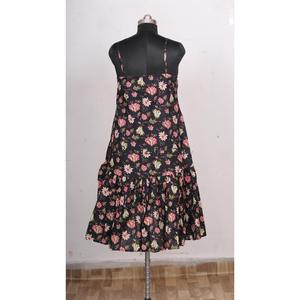 Robe moulante mi-longue en coton pur tricoté, écologique, à col en V, imprimé floral numérique et volants, pour femme - Product Image 2