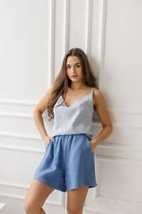 Light <b>Blue</b> Linen <b>Cami</b> <b>Top</b> With Matching Shorts Set Casual Breathable Women's Outfit Regular Fit Mid Waist Elastic Waist - Product Image 4