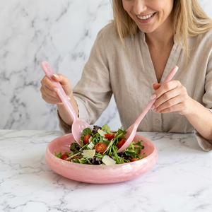 Juego de Platos para Ensalada de Resina Rosa con Cucharas para Servir a Juego, Diseño Redondo Minimalista, Apto para Lavavajillas, para Uso Diario - Product Image 1