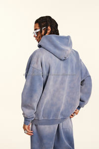 Haute qualité personnalisé unisexe fermeture éclair surdimensionné coton lourd lavé hommes polaire tissu pantalons de survêtement et sweatshirts à capucheDDP expédition - Product Image 5