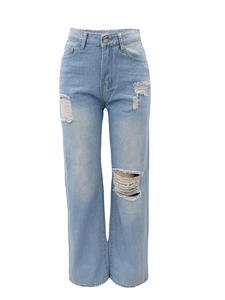Pantalon en jean taille haute à jambe large, déchiré, bleu clair, coupe ample, longueur intégrale, en coton, style décontracté, fermeture boutonnée - Product Image 2