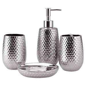 Modern Hammered Metal Bathroom <b>Set</b> 4-Piece Round <b>Soap</b> Dispenser Tumbler Tray <b>Set</b> Easy To Clean - Product Image 2