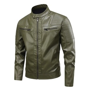 Chaqueta de Motociclista de Cuero PU Verde Oliva para Hombre, Cuello Alto, Cierre de Cremallera, Resistente al Viento, Corte Ajustado, para Otoño - Product Image 3