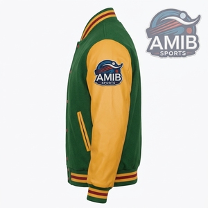Veste universitaire verte pour homme en cuir véritable avec manches jaunes et boutons rouges, style décontracté universitaire, respirante, idéale pour l'automne - Product Image 6