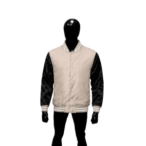 Chaqueta Varsity de Satén Beige y Negro para Hombre, Chaqueta Bomber Premium de Béisbol con Mangas Negras en Contraste y Cuello Acanalado a Rayas - Product Image 1