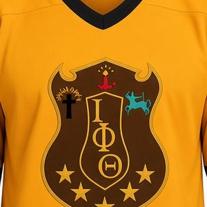 Camiseta de hockey para hombre Iota Phi Theta, color dorado y negro, cuello en V, manga larga, con escudo griego, jersey deportivo de fraternidad, ropa de equipo. - Product Image 6