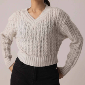 Pull en maille torsadée col en V style vintage pour femme, coupe courte, épais, épaules tombantes, qualité supérieure - Product Image 4