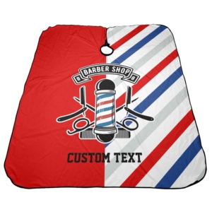 Capa de Peluquería Desechable de Poliéster con Rayas Rojas, Blancas y Azules, Estampado de Tijeras y Postes, Cuello con Broche, Antiadherente - Product Image 2