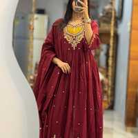 Gaun Wanita Warna Maroon Katun Cepat Kering Model Anarkali Tradisional Longgar untuk Pernikahan & Diwali Pakaian Kasual India Pakistan