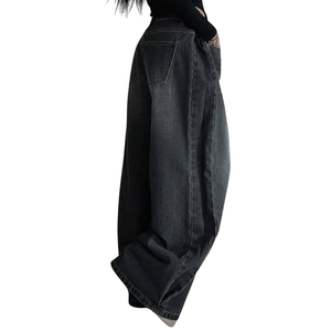 Jeans de mezclilla negros de cintura media y pierna ancha para mujer, de marca personalizada, estilo casual urbano, cinco bolsillos, transpirables, mezcla de algodón, 380g - Product Image 2