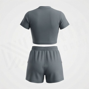 Women's 2 Piece Sporty Set Short Sleeve <b>Crop</b> <b>Top</b> and Above Knee Shorts Solid Gray with <b>Red</b> Stripe Quick Dry Knitted Fabric - Product Image 2