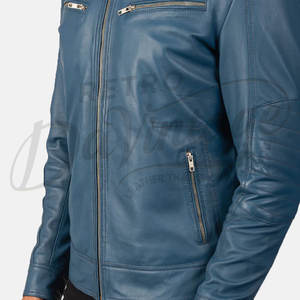 Veste en cuir véritable bleu turquoise pour homme, coupe ajustée, style motard, col montant élégant, manteau d'hiver urbain en cuir véritable - Product Image 6