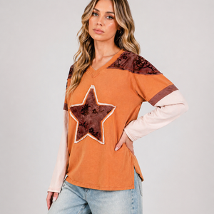 Premium Quality Women’s Orange V Neck Long Sleeve <b>Patchwork</b> Top Star Applique Floral Panel Casual Fall Blouse women's <b>shirt</b> USA - Product Image 6