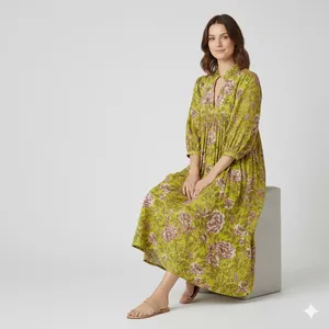 Women Yellow Floral Print Cotton Midi <b>Dress</b> With Puff Sleeve <b>Loose</b> Fit Collared Neck Casual Spring <b>Dress</b> With Pockets - Product Image 4