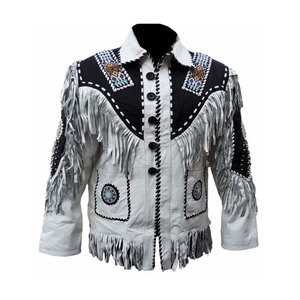 Premium <b>White</b> Cowhide Leather <b>Men</b> Fringe <b>Jacket</b> Retro Turn Down Collar Embroidery Geometric Pattern OEM Customization Available - Product Image 1
