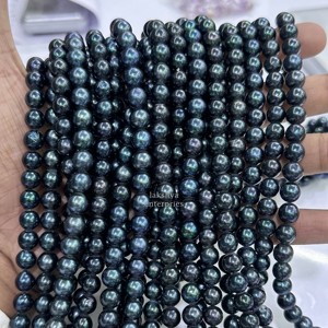 Perles rondes en perles noires de Tahiti d'eau salée naturelle, perles en vrac, 7-8 mm, perles authentiques des mers du Sud, brins de 16 pouces, vente en gros - Product Image 3