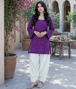 Bandhej Print Cotton Short <b>Kurti</b> with Linen Palzzo For Girls Ladies Casual Wear Regular Wear <b>Kurti</b> With Low Price Latest Design - Product Image 1