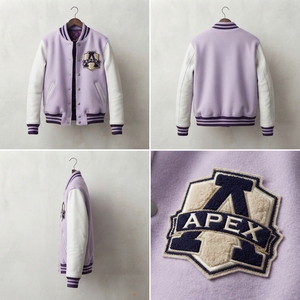 Custom Lavender Wool Letterman <b>Jacket</b> <b>White</b> Sleeves Embroidered Patch Snap Button College Style Outerwear <b>for</b> <b>Men</b> - Product Image 5