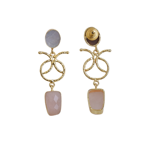 Boucles d'oreilles pendantes plaquées or avec double pierre en quartz rose semi-précieux et nacre, pour la vente en gros, fourniture de bijoux - Product Image 1