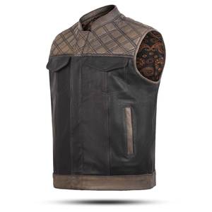 Men's Genuine Leather Denim Moto <b>Vest</b> V-neck Quilted Shoulder Breathable Quick Dry <b>Black</b> Regular Length Front Pocket Outerwear - Product Image 1