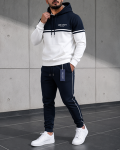 Ensemble de survêtement à capuche VIBE CRAFT pour homme, color block, vert olive et blanc, en coton, décontracté, pour l'automne, manches longues, pantalon à cordon de serrage - Product Image 5