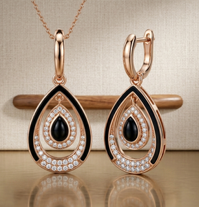 Rose Gold Teardrop Dangle Earrings Alloy <b>Drop</b> Earrings Black Stone Crystal Halo Jewelry for Women - Product Image 3