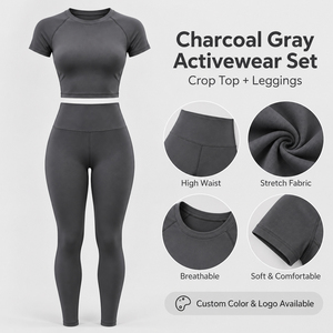 Charcoal Grey <b>Women's</b> <b>Short</b> Sleeve Quick Dry Fitness Co-Ord Set Crew Neck Cropped Tee High Waist <b>Leggings</b> Training Wear Private - Product Image 6
