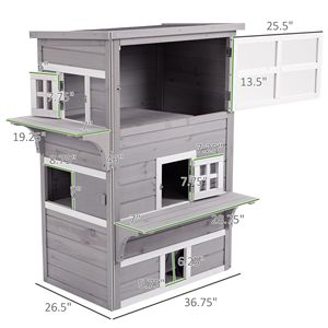 Casetta per Gatti a 3 Piani in Legno di Abete con Struttura Solida, Tetto in Asfalto, Porta di Fuga, Piattaforma per Saltare, Finitura Grigia - Product Image 3