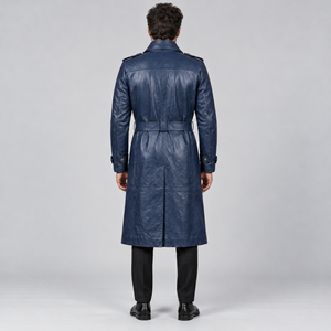 <b>Men's</b> <b>Navy</b> Blue Leather <b>Trench</b> <b>Coat</b> Long Double Breasted Belted Overcoat with Shoulder Epaulettes Classic Winter Fashion Custom - Product Image 4