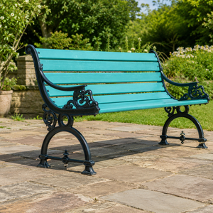 Banc de jardin en bois turquoise avec structure en fonte noire, mobilier d'extérieur pour patio et parc, style vintage avec accoudoirs à motifs, qualité supérieure - Product Image 2
