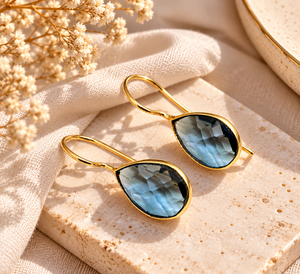 <b>London</b> Topaz Quartz Tear drop Bezel Set Earring - Handmade Gold Plated Gemstone Dangle Earrings Gift for Woman - Product Image 1