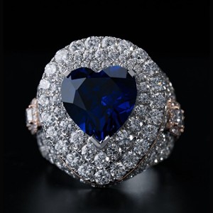 Anillo de Plata de Ley 925 con Zafiro Azul Corazón de 5 Quilates, Corte Esmeralda, Chapado en Oro Blanco de 10K, Estilo Hip Hop, Dos Tonos, Anillo de Declaración para el Dedo Anular - Product Image 1