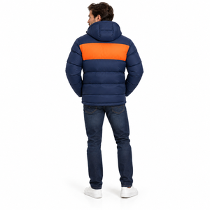 Chaqueta de invierno para hombre de alta calidad, estilo vintage, con capucha y bloques de color, acolchada, con cremallera, gruesa, en azul marino y naranja. - Product Image 2