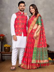 Premium Jacquard <b>Silk</b> Koti <b>Kurta</b> Pant Set With Traditional Saree For Festive Wear - Product Image 3