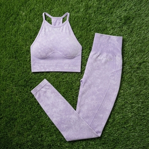 <b>Women</b> Lavender Acid Wash Yoga Set Halter Neck <b>Crop</b> Sports Bra High Waist Full Length <b>Leggings</b> Gym Fitness Activewear - Product Image 5