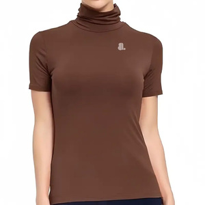Haut décontracté à col roulé et manches courtes pour femme, en jersey de couleur unie, coupe classique, respirant, en coton biologique non tissé, impression personnalisée - Product Image 1