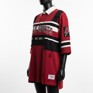 Camiseta de Rugby para Mujer, Algodón y Poliéster, Jersey Grueso, Paneles Rojos, Negros y Blancos, Logotipo Personalizado con Serigrafía - Product Image 4