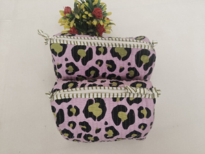 Leopared Green Purple Floral Block Printed Durable Cotton Zipper <b>Makeup</b> <b>Case</b> Indian Pouches Travel Cosmetic Practical - Product Image 4