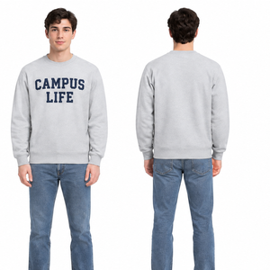 Sweat-shirt personnalisé OEM gris clair pour l'école et l'université, imprimé vie de campus bleu marine, col rond décontracté - Product Image 3