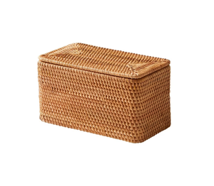 Cesta de Almacenamiento Rectangular de Mimbre Tejida a Mano con Tapa, Caja Organizadora de Mimbre Natural para Encimera de Baño, Dormitorio, Almacenamiento en el Hogar - Product Image 1