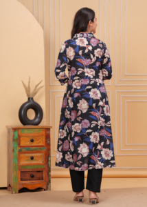 <b>Women</b> Black Floral Printed Cotton Kurti Set with Pants, V-Neck 3/4 Sleeve Ethnic Wear Casual Daily Wear <b>Kurta</b> Set for <b>Women</b> - Product Image 2