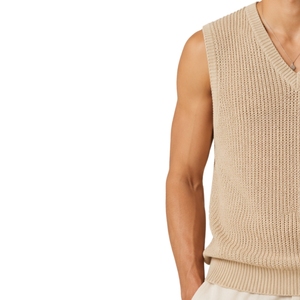 Gilet en tricot beige pour homme, col en V, sans manches, pull léger et doux, décontracté, mode, logo personnalisé, fabricant OEM - Product Image 3