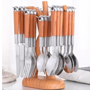 Juego de Cubiertos de Acero Inoxidable de 24 Piezas con Mango de Madera, Cubertería Moderna Plateada para el Hogar, Regalo, Hecho a Mano, Alta Calidad - Product Image 1