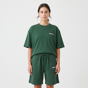 100% Cotton Heavyweight Ladies Twin Set Comfortable Oversized Shorts Set Custom Screen Printed Logo Style - Product Image 1