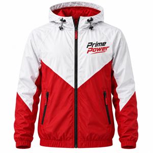 Veste coupe-vent à capuche Prime Power pour homme, nouvelle collection, rouge et blanc, blocs de couleur, fermeture éclair, résistante à l'eau, pour sports de plein air, coupe classique - Product Image 1