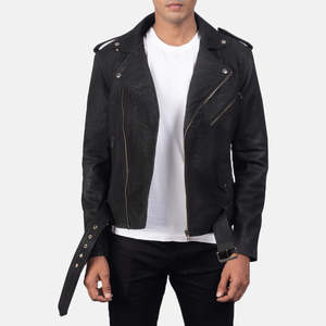 <b>Men's</b> <b>Black</b> Genuine Leather Moto <b>Jacket</b> With Zipper Closure Turn-down Collar Slim Fit Regular Length Autumn Style - Product Image 1