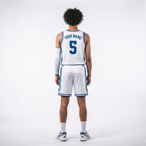 Ensemble de maillots de basket-ball personnalisés blancs et bleus en gros, sans manches, col en V, sublimés, séchage rapide, uniforme d'équipe pour hommes, fabriqué au Pakistan - Product Image 2