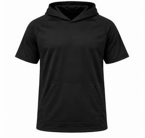 SEWPRO Solid Black <b>Short</b> <b>Sleeve</b> <b>Hoodie</b> Custom DTF Back Print Youth Adult Polyester 300 GSM Kangaroo Pocket - Product Image 1