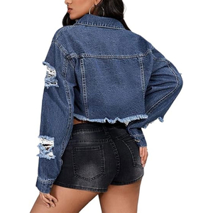 Chaqueta vaquera corta con botones y dobladillo deshilachado, estilo casual urbano, a la moda, para mujer, con manga larga rasgada - Product Image 5