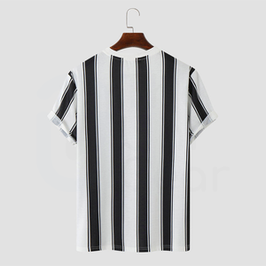 T-shirt à manches courtes pour homme, col rond, motif rayé vertical noir et blanc, haut décontracté - Product Image 2